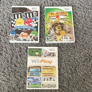 Wii Video Game Bundle - M&M's Kart Racing, Madagascar Escape 2 Africa & Wii Play